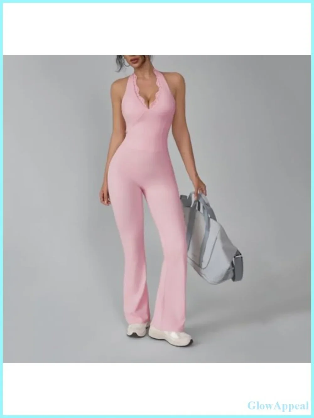 Women Workout Scrunch Flare Jumpsuit with Halter Neck - High Stretch Nylon